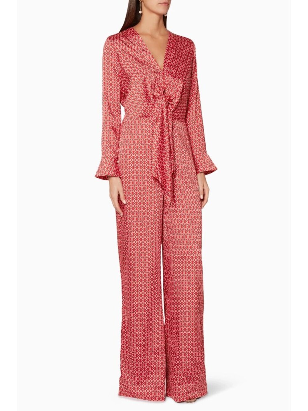 Alexis Red & Cream Geometric Patterned Long Sleeve Jumpsuit, Size S